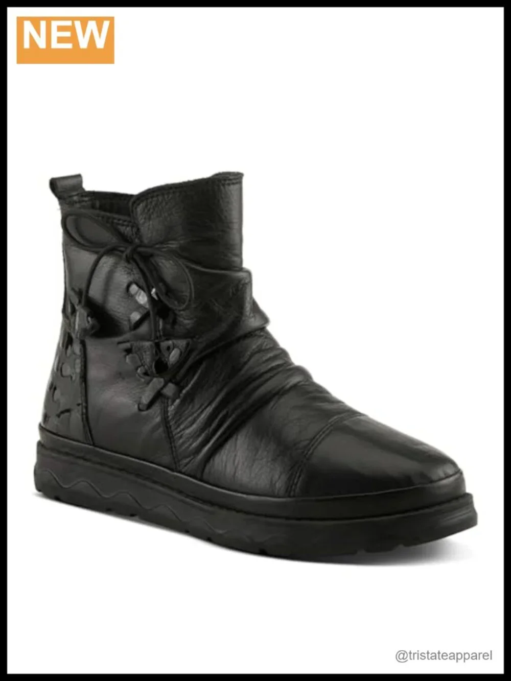Genuine Leather Ankle Bootie with Ruched Design and Elastic Laces